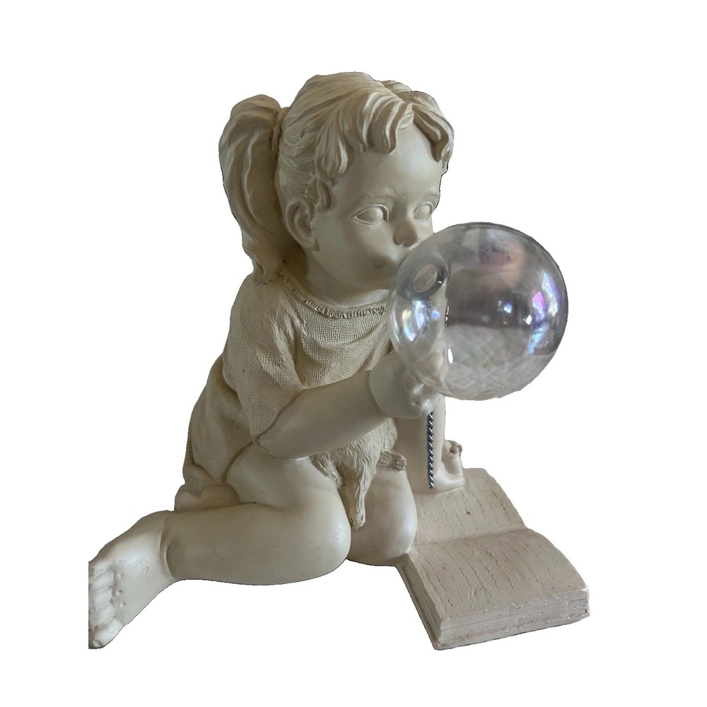 Vintage Girl Blowing Bubble Resin Figurine Reading Book With Cat Sculpture Decor